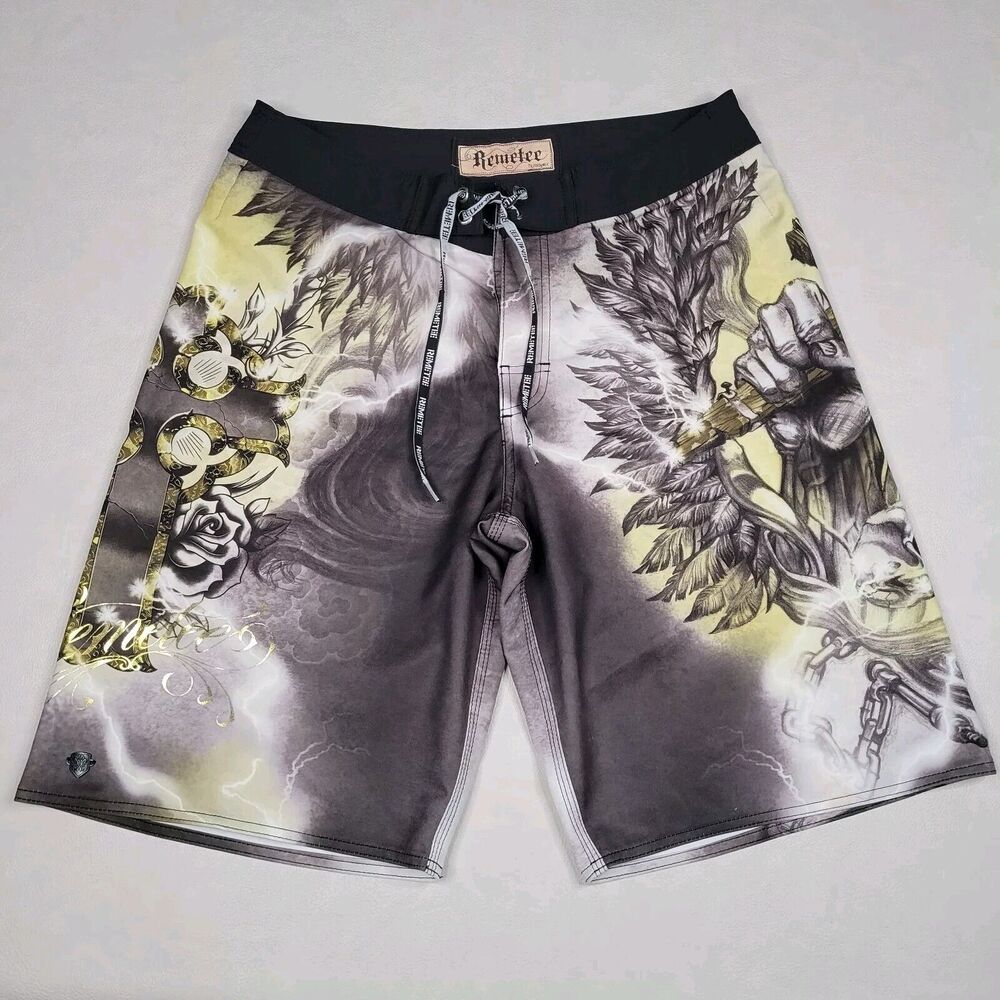 Remetee Board Shorts Mens 34 Drawstring Waist Brown Black Swim Surf